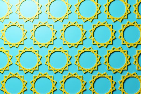 3d illustration of rows of geometric shapes of the sun on blue background. Shape pattern. Technology...