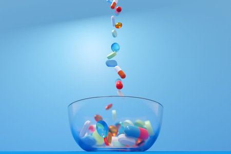 3d illustration of multicolored and differently shaped pills, capsules are poured in an even row...