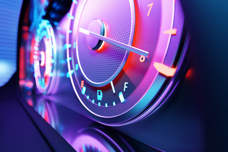 3D illustration of the tachometer of a modern ca shows a maximum number of revolutions with an...