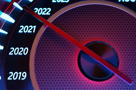 3D illustration close up black speedometer with cutoffs 2020,2021. The concept of the new year and...