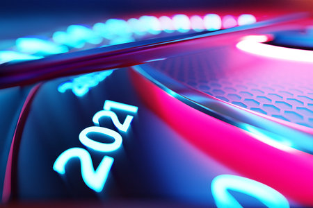 3D illustration close up black speedometer with cutoffs 2021. The concept of the new year and Christmas in the automotive field. Counting months, time until the new yearの写真素材