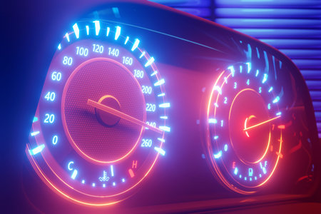 3D illustration of the new car interior details. Speedometer shows a maximum speed of 240 km h, tachometer with blue, red backlight. Design and interior of a modern car.の写真素材