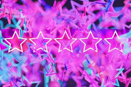 3d illustration of blue, pink star fly on a black background. Shape pattern. Technology geometry backgroundの写真素材