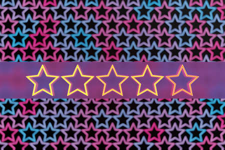 3d illustration of row of gold, pink and blue stars on a black background. Shape pattern. The concept of evaluation of restaurants, hotels and others.の写真素材