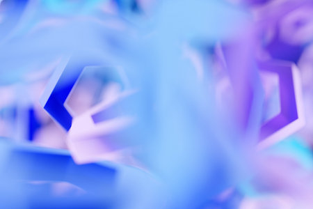 3d illustration of blue and purple hexagon fly on a yellow background, soft focus. Shape pattern. Technology geometry backgroundの写真素材