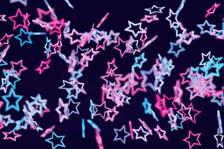 3d illustration of blue, pink star fly on a black background. Shape pattern. Technology geometry backgroundの写真素材