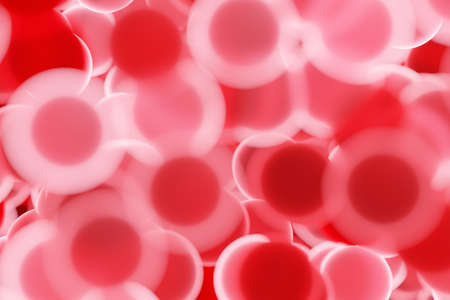 3d illustration of red and pink round shape fly on a blurred background, soft focus. Shape pattern. Technology geometry backgroundの写真素材