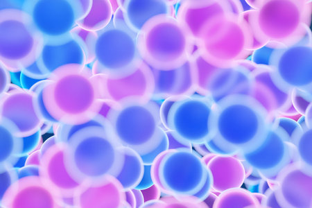 3d illustration of pink, blue and purple circle shape fly on a blurred background, soft focus. Shape...