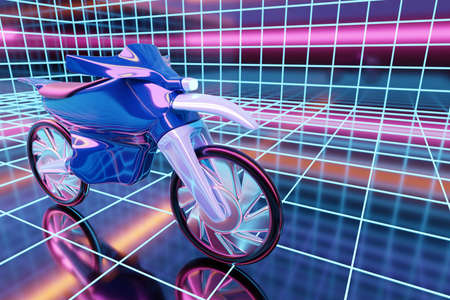 3d illustration of a black motorcycle in a glowing neon room. 3D Rendering. Futuristic high-tech motorcycleの写真素材