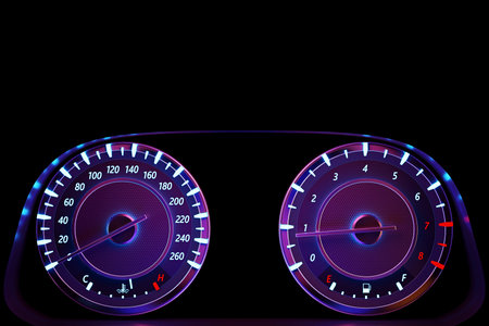 3D illustration of the dashboard of the car is illuminated by bright illumination. Circle speedometer, tachometer under purple neon colorの写真素材