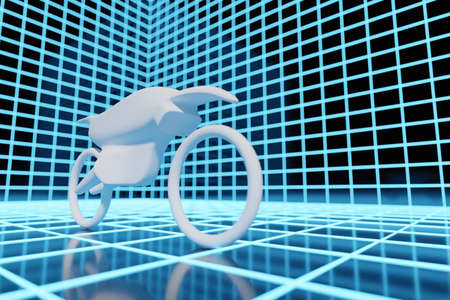 3d illustration of a white motorcycle in a blue glowing neon room. 3D Rendering. Futuristic high-tech motorcycleの写真素材