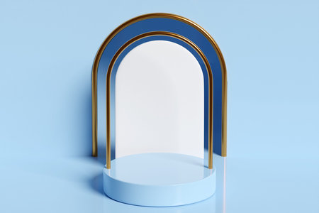 3d illustration of a scene from a circle with round arch at the back on a blue background. A...