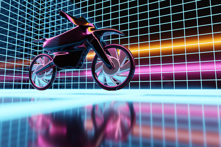 3d illustration of a black motorcycle in a glowing neon room. 3D Rendering. Futuristic high-tech motorcycleの写真素材