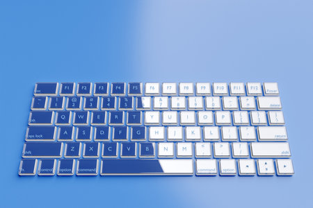 3d illustration, close up of the blue and white realistic computer or laptop keyboard on blue background. Gaming keyboard with LED backlitの写真素材