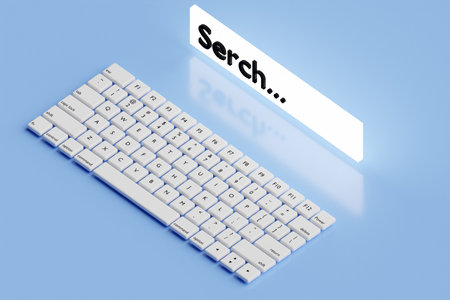 3d illustration, close up of the realistic computer or laptop keyboard with a search window on blue background. Gaming keyboard with LED backlitの写真素材