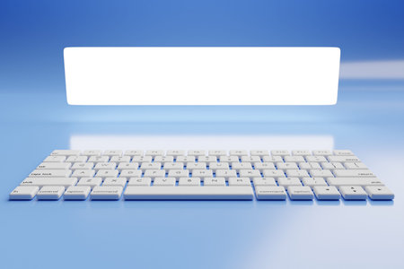 3d illustration, close up of the realistic computer or laptop keyboard with a search window on blue...