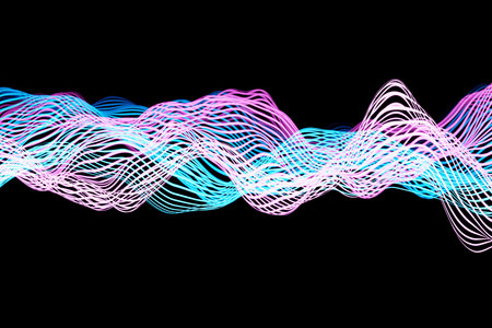 3d illustration of pink and blue glowing color lines. Musical line equalizers on black isolated...