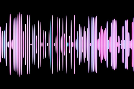 3d illustration of pink and blue glowing color lines. Musical line equalizers on black isolated...