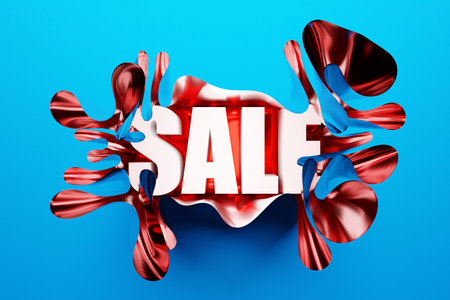 3d illustration bright inscription SALE in volumetric beautiful paper on a blue isolated background. Discount sale gloss lettering illustration. Trendy sale banner with hand written 3d gradient letters.の写真素材