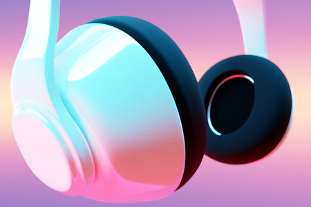 3d illustration realistic white wireless headphones isolated on white background under pink and blue...