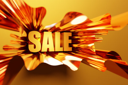 3d illustration design of a banner on a yellow ribbon for mega big sales with the inscription sale.Orange tag templates with special offers for purchaseの写真素材