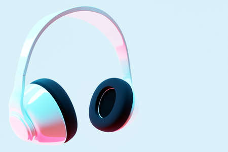 3d illustration realistic white wireless headphones isolated on white background under pink and blue neon light. Sound music headphones. Audio technology. Modern headphonesの写真素材
