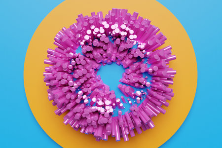 3d illustration of a round shape, a design frame covered with many cylinders in volume on a blue background. 3d rendering. Minimalism geometry backgroundの写真素材