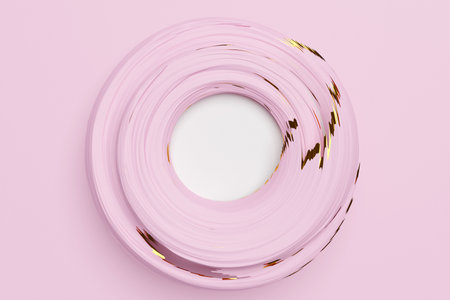 3D illustaration of a pink pastel portal with a white frame inside. Simple geometric shapes.Cosmetic product display, podium, pedestal or platform.の写真素材
