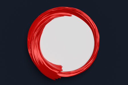 3D illustration of a round red mocap with volumetric frame on a black monochrome isolated background. Advertising banner mockup.の写真素材