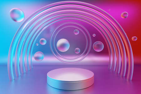 3d illustration of a white scene transparent water bubbles and arch in the background on a gradient background. A close-up of a round monocrome pedestal.の写真素材