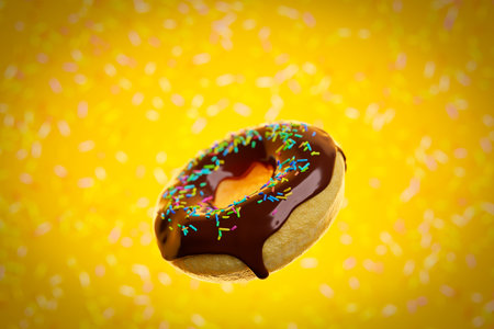 3d illustration of realistic chocolate appetizing donut with sprinkles fly on yellow background. Simple modern design. Realistic illustration.の写真素材