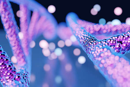 3d illustration of a Abstract 3d polygonal wireframe DNA molecule. Medical science, genetic biotechnology, chemistry biology, gene cell conceptの写真素材