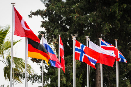 Row of national flags on flagpoles: Turkey, Germany, Russia, Denmark, Norway, Poland, Great Britain...