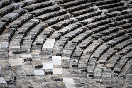 Aspendos Amphitheater close-up inside in the summertime with sunshine, Turkey, Serik.