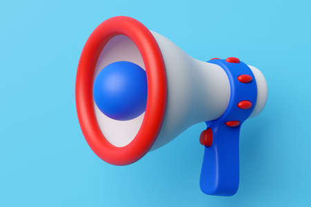 Megaphone speaker or megaphone loudspeaker, realistic 3d illustration. Modern isolated megaphone loudspeaker with buzzer and handle, lifeguard emergency signal and speakerphone for announcementsの写真素材