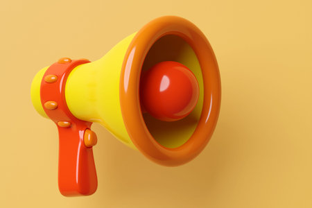Orange, red and yellow cartoon glass loudspeaker on a orange monochrome background. 3d illustration of a megaphone. Advertising symbol, promotion concept.の写真素材