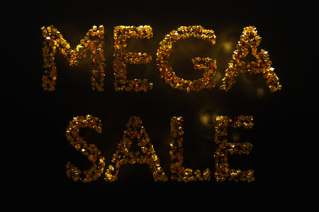 3D illustration of a gold geometric inscription MEGA Sale background. Mega sale discount offer design.Shop or online shopping. Sticker, badge coupon storeの写真素材