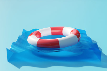 3d illustration of a white and red lifebuoy floats in the clear water. Emergency lifebuoy in the...