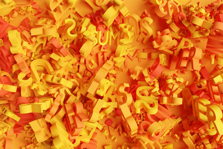 3D illustration of bright lettering SUMMER from orange letters scattered in a chaotic manner. Summer...