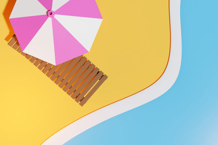3d illustration of a beach chair under a striped parasol, on an beach and sea. Summer vacation concept by the beach. Summer minimalistic backgroundの写真素材