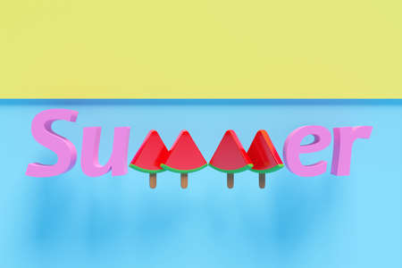 3d illustration of a bright summer background with yellow stripes and a blue background similar to the sea with watermelon slices. Summer vacation concept by the seaの写真素材
