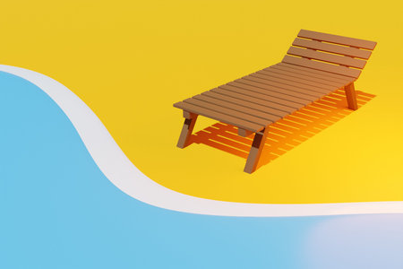 3d illustration of a summer beach. Seaside with a sun lounger on the sand. Summer background illustration for beach holidayの写真素材