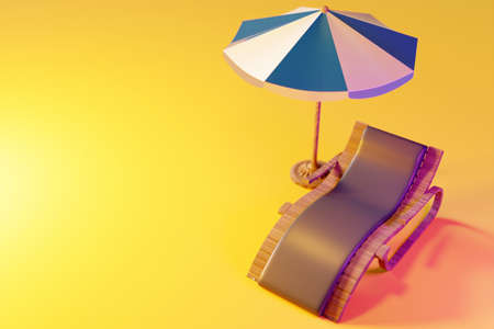 3d illustration of a beach chair under a striped parasol, on an beach. Summer vacation concept by the beach. Summer minimalistic backgroundの写真素材