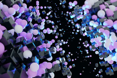 3D illustration Pattern from pink, purple and black colors flying geometric shapes balls, cubes. Geometric background, weaving pattern.の写真素材