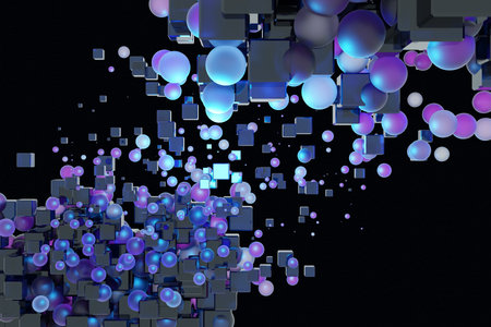 3d illustration of flying geometric shapes balls, cubes on a black background. Shape pattern....