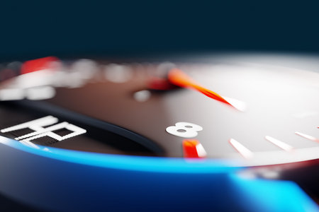 3D illustration close up black car panel, digital bright tachometer. Tachometer arrow shows maximum...