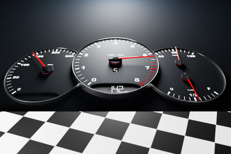 3D illustration new car interior details. Speedometer shows 142 km h, tachometer with white...