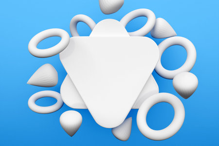Close-up 3d white monocrome illustration. Different geometric shapes: rounded triangles, torus,...