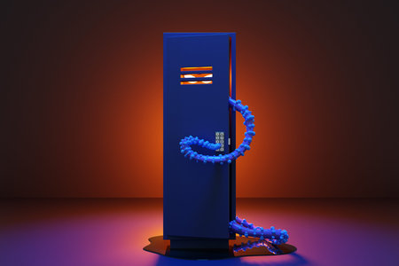 3d illustration of a scary monster with glowing eyes pulls its tentacles out of a metal safe for...