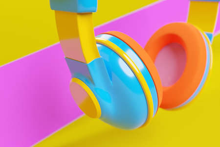 3d illustration realistic colorful headphones isolated on pink and yellow background.Sound music headphones. Audio technology. Modern headphonesの写真素材